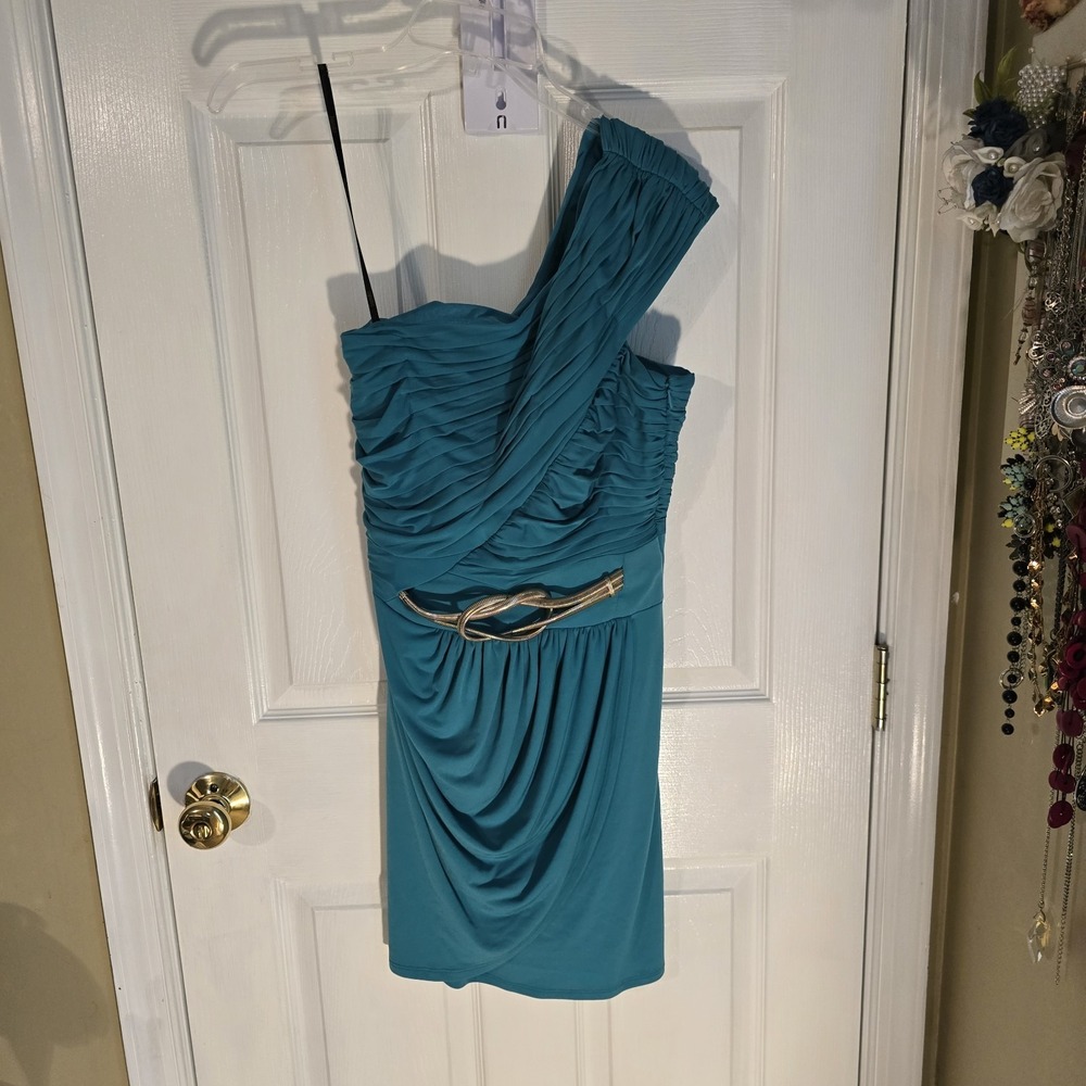 Laundry by Shelli Segal One Shoulder Ruched Cocktail Dress Teal Size 2 NWT